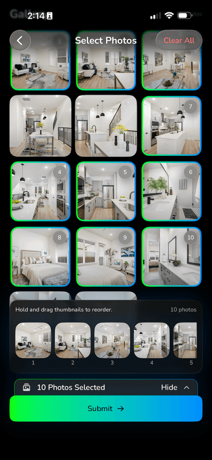 ListKit photo-to-video selection screen showing edited listing photos selected for a property video