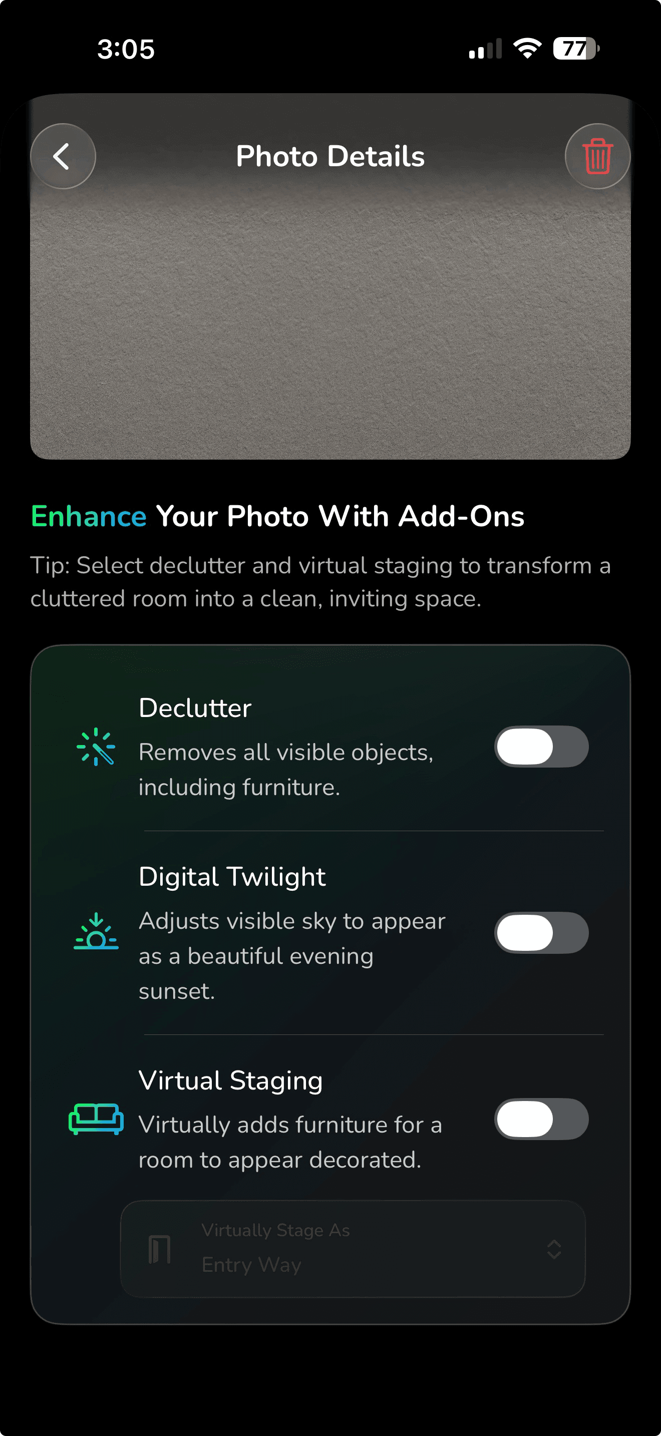 ListKit add-ons screen with Declutter, Digital Twilight, and Virtual Staging options